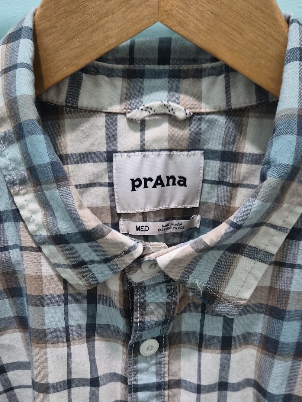 Prana Light Blue and Tan Plaid Casual Button-Down Shirt